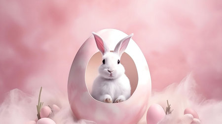 A cute white bunny sits inside a large pink Easter egg. Pink pastel background.の写真素材
