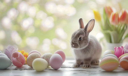 A charming gray bunny sits amidst pastel Easter eggs and tulips, embodying the spirit of springtime.の写真素材