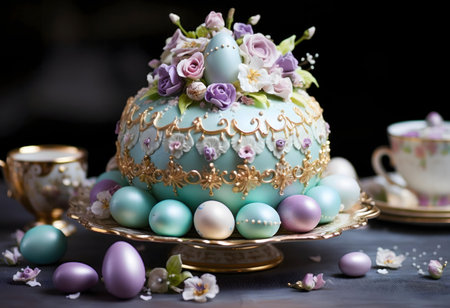 A stunning Easter cake decorated with pastel eggs and beautiful flowers. A perfect spring...