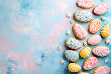 Pretty pastel Easter egg-shaped cookies decorated with colorful icing. Perfect for a spring celebration!の写真素材