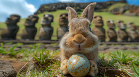 Bunny holding an egg near ancient Moai statues on Easter Island. A unique and heartwarming scene.