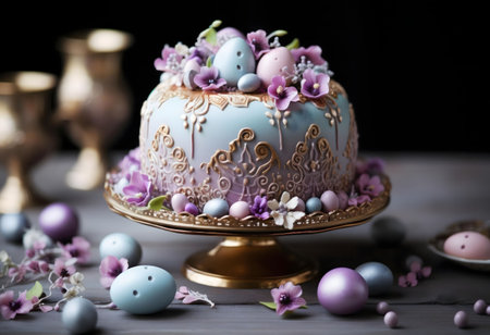 A stunning Easter cake, adorned with pastel-colored eggs and flowers, sits on a gold stand. The...