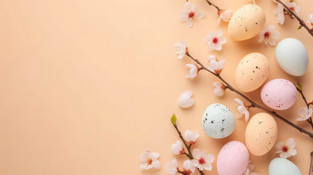 Pastel Easter eggs nestled among delicate spring blossoms. A cheerful springtime scene.の写真素材