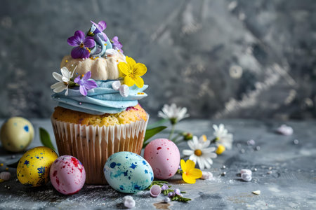 A delightful Easter cupcake adorned with pastel frosting, spring flowers, and colorful eggs. A perfect springtime treat!の写真素材