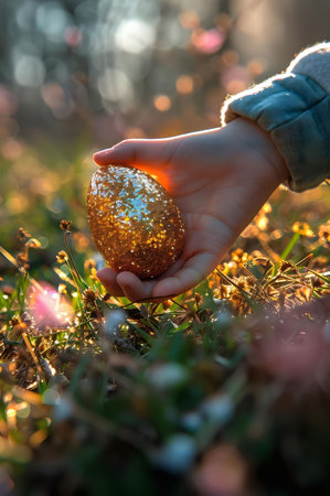 A child's hand holds a glittering golden egg in a vibrant spring meadow. Sunlight illuminates the scene, creating a magical atmosphere.の写真素材