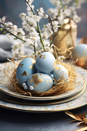 A beautiful Easter table setting with delicate blue and gold decorated eggs in a nest. The scene is...