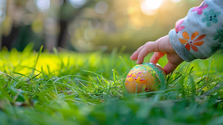 A small hand discovers a vibrant Easter egg nestled in the grass. Warm sunlight enhances the scene.