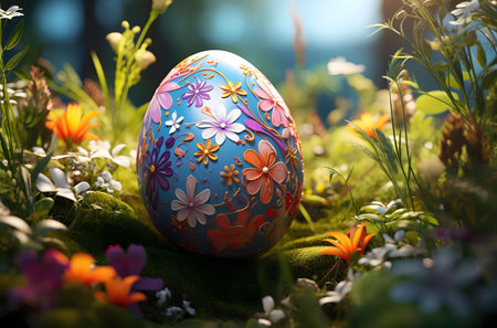 A delightful Easter egg, richly decorated with flowers, sits amidst a vibrant spring meadow. Sunlight illuminates the scene.の写真素材