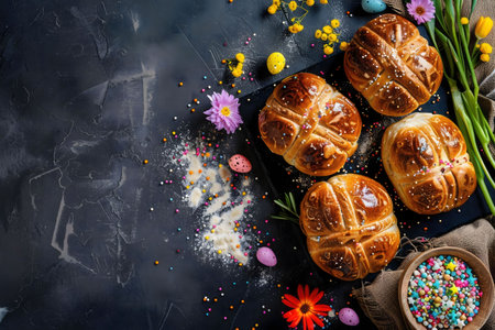 Four golden-brown hot cross buns are arranged on a dark surface, surrounded by sprinkles and...