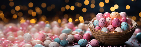 A delightful image of pastel-colored Easter eggs in a wicker nest. Perfect for spring celebrations.