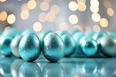 Close-up of two teal Easter eggs with a golden floral pattern. Festive spring decoration.