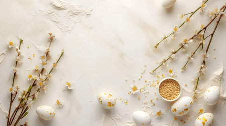 A lovely Easter arrangement with speckled eggs, delicate white blossoms, and gold sprinkles. Perfect for springtime celebrations.の写真素材