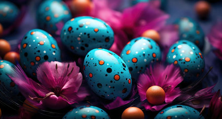 Close-up of teal Easter eggs decorated with orange dots, nestled among pink flowers and feathers. A vibrant spring celebration.の写真素材