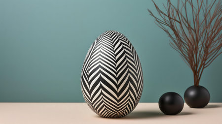 A large black and white chevron patterned egg sits on a table with small black spheres and a...