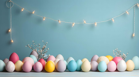 A delightful arrangement of pastel-colored Easter eggs, illuminated by fairy lights against a soft...