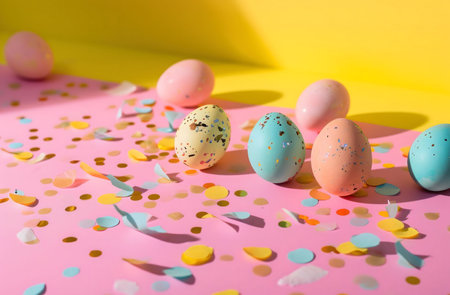 Pastel-colored Easter eggs scattered with confetti on a pink surface. A joyful spring scene!の写真素材