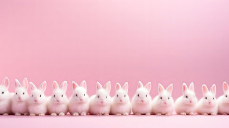 This fluffy white baby rabbits sit in a row against a light pink background. Adorable and charming!