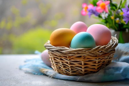 A charming display of pastel-colored Easter eggs nestled in a rustic wicker basket, adorned with spring flowers.の写真素材