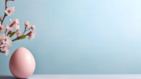 A pink egg sits beside delicate cherry blossoms against a soft blue background. Perfect for Easter...