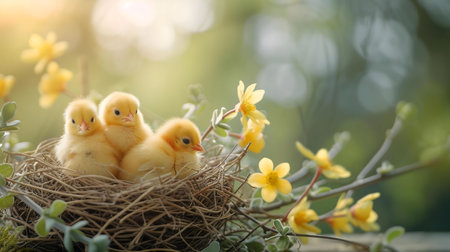 Three tiny chicks nestled in a bird's nest surrounded by blooming yellow flowers. A heartwarming spring scene.の写真素材
