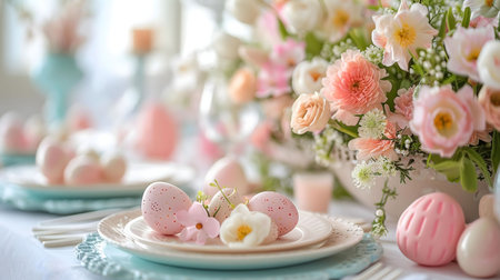 A beautifully set Easter table featuring pastel colors, delicate flowers, and decorated eggs creating a charming and festive atmosphere.の写真素材