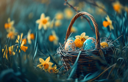 A charming wicker basket filled with Easter eggs rests in a field of blooming daffodils, capturing the essence of springtime joy.の写真素材