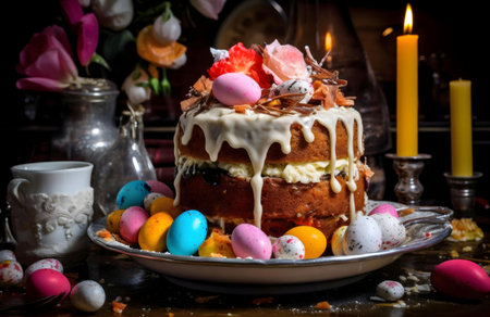 A delectable Easter cake adorned with colorful eggs, chocolate, and flowers. A perfect springtime...