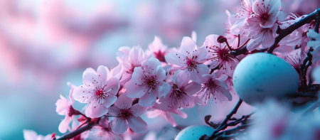 Pink cherry blossoms and pastel blue eggs in a springtime scene.の写真素材