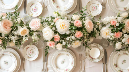 Overhead view of a beautifully decorated table with peach and white roses.の写真素材
