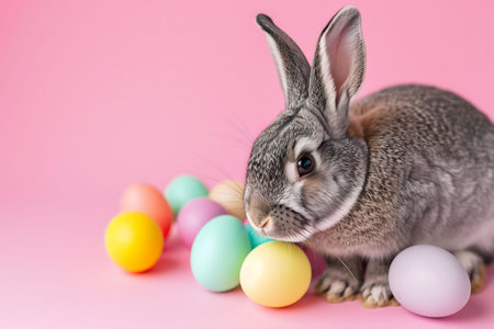 A gray bunny sits amidst pastel Easter eggs against a pink background. A perfect springtime image!の写真素材