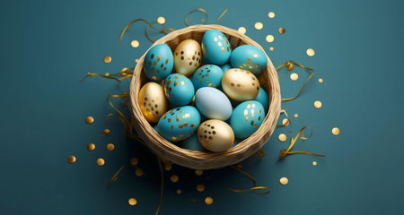A charming arrangement of blue and gold Easter eggs nestled in a wicker basket, adorned with festive confetti.の写真素材