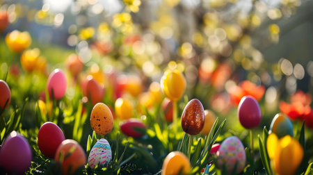 Colorful Easter eggs nestled amongst blooming tulips in a vibrant spring meadow. A cheerful scene celebrating the Easter holiday.の写真素材