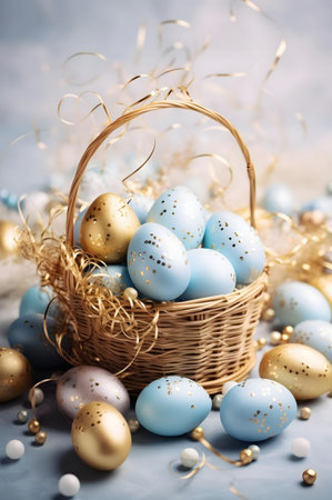 A wicker basket filled with pastel blue and gold speckled Easter eggs. Festive and joyful spring celebration.の写真素材