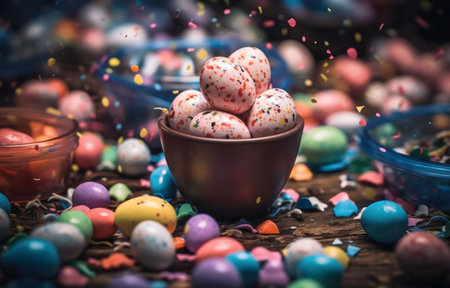 A brown bowl filled with colorful speckled candy eggs, surrounded by more candies and confetti....