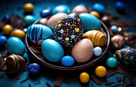 A charming arrangement of chocolate Easter eggs in a dark bowl, surrounded by candy. Festive and...
