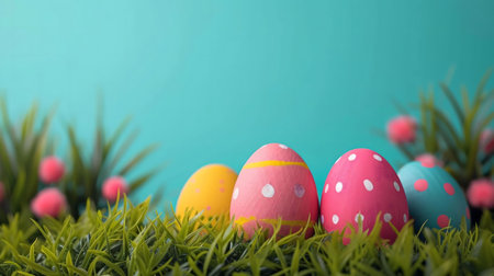 Three vibrant Easter eggs rest in green grass against a turquoise backdrop.の写真素材