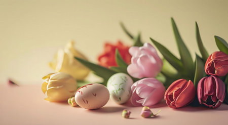 Pastel colored tulips and decorated eggs on a pink background. Perfect for Easter.の写真素材
