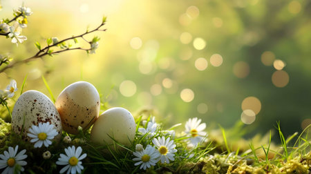 Three speckled eggs rest gently amongst blooming daisies in a vibrant spring meadow. Sunlight illuminates the scene, creating a cheerful Easter atmosphere.の写真素材