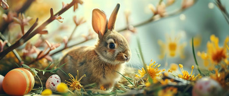 A charming Easter bunny nestled among colorful eggs and spring flowers. A delightful scene of...