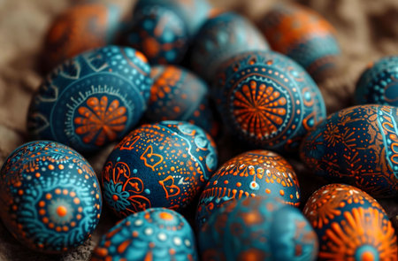 Close-up of intricately painted Easter eggs in shades of blue and orange. A festive and artistic...