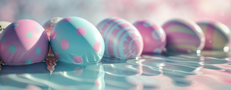 Close-up of pastel-colored Easter eggs floating gently on water. A springtime scene full of serenity.の写真素材