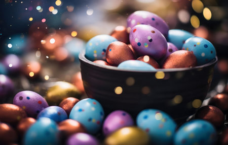 A close-up view of a dark bowl filled with assorted chocolate Easter eggs. The eggs are in various pastel colors and decorated with sprinkles. The background is slightly blurred with bokeh effect.の写真素材