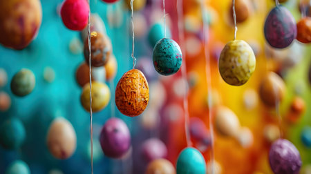 Close-up view of numerous hanging, colorful Easter eggs. Bright and festive, perfect for spring.の写真素材