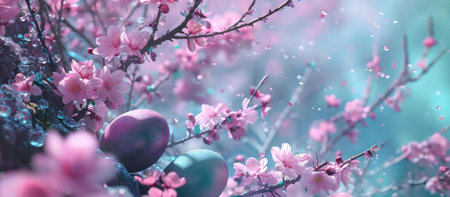 Pastel Easter eggs hidden amongst delicate pink cherry blossoms. A magical spring scene.の写真素材