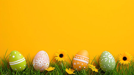 Five decorated Easter eggs nestled in green grass against a bright yellow backdrop.