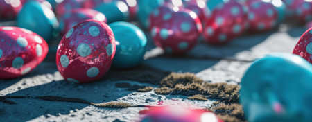 Polka dot eggs scattered on a weathered surface. Pink and blue tones.