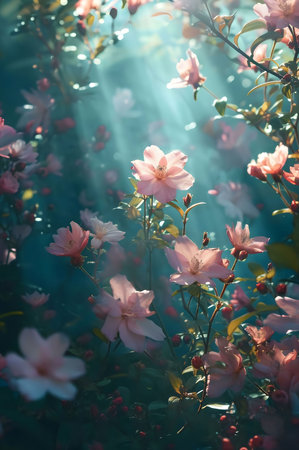 Pink flowers bathed in sunlight, creating a magical atmosphere.の写真素材