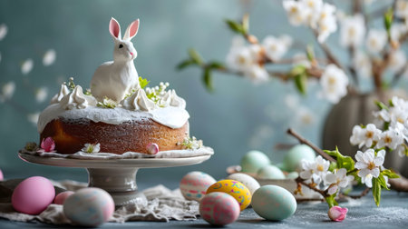 A beautiful Easter cake decorated with a white chocolate bunny and spring flowers. Pastel-colored...