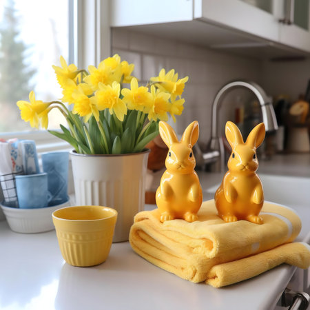 Yellow ceramic bunnies and a bouquet of daffodils create a cheerful Easter kitchen scene.