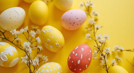 Pastel-colored Easter eggs adorned with delicate spring blossoms against a vibrant yellow backdrop.